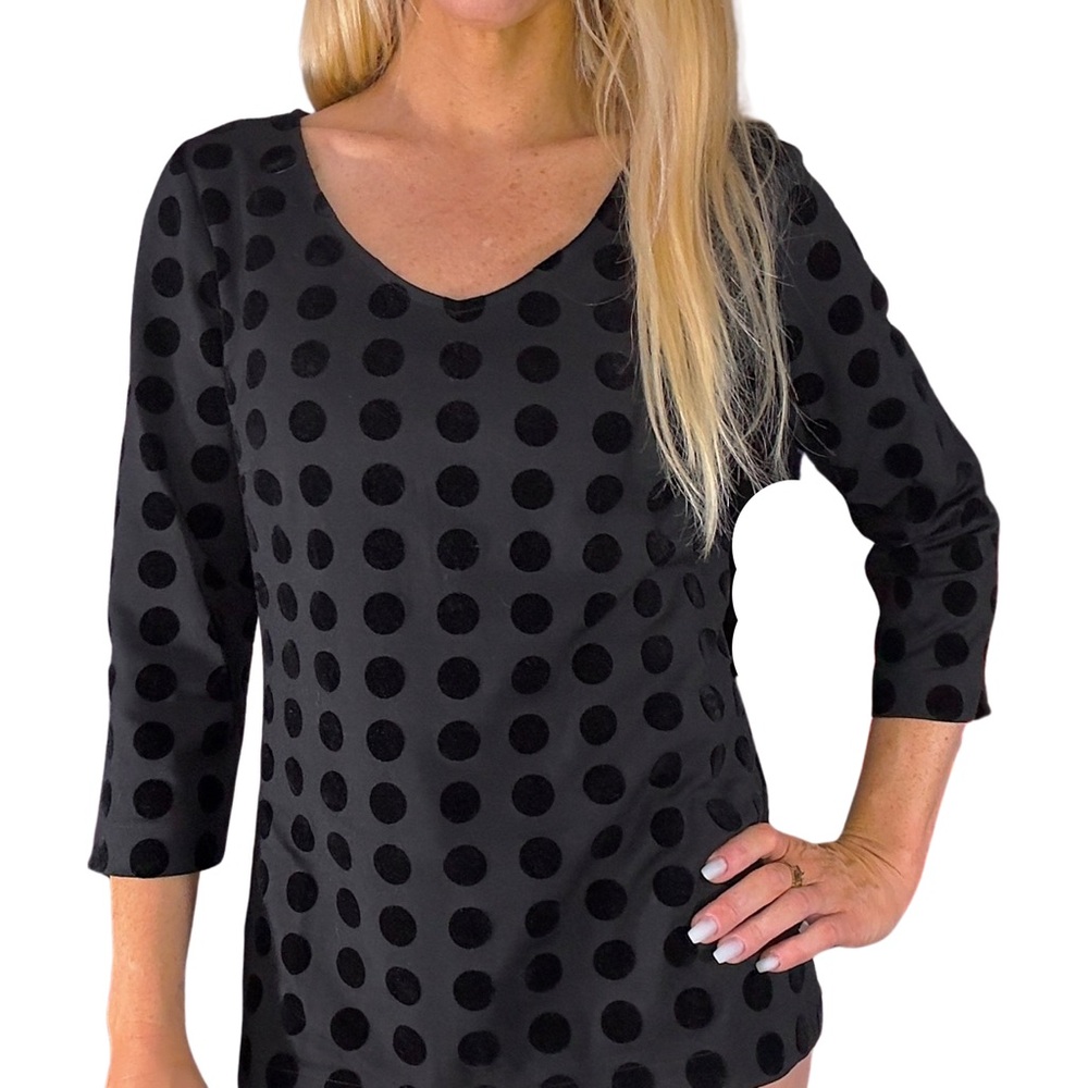 ANN TAYLOR Black Velvet Polka Dot‎ V-Neck Blouse w/ 3/4 Sleeve